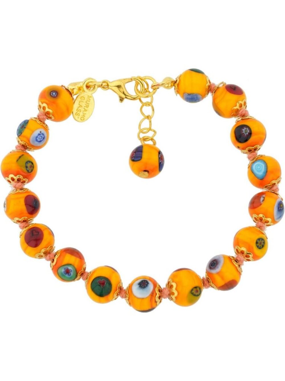 Handmade Italian Millefiori Glass Bracelet - Orange Mosaic Beads with Extender
